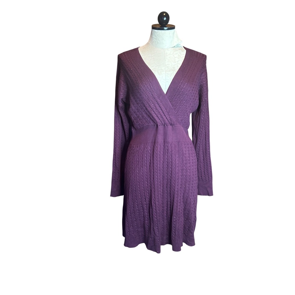 Lucky Brand Purple Cable Knit Sweater Dress Long Sleeve V-Neck Plum Sz‎ M
